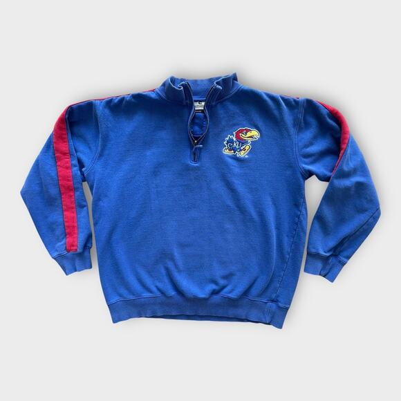 Vintage Kansas KU Jayhawks Embroidered Logo 1/4 Zip Pullover Sweatshirt sz XXL - Picture 1 of 9